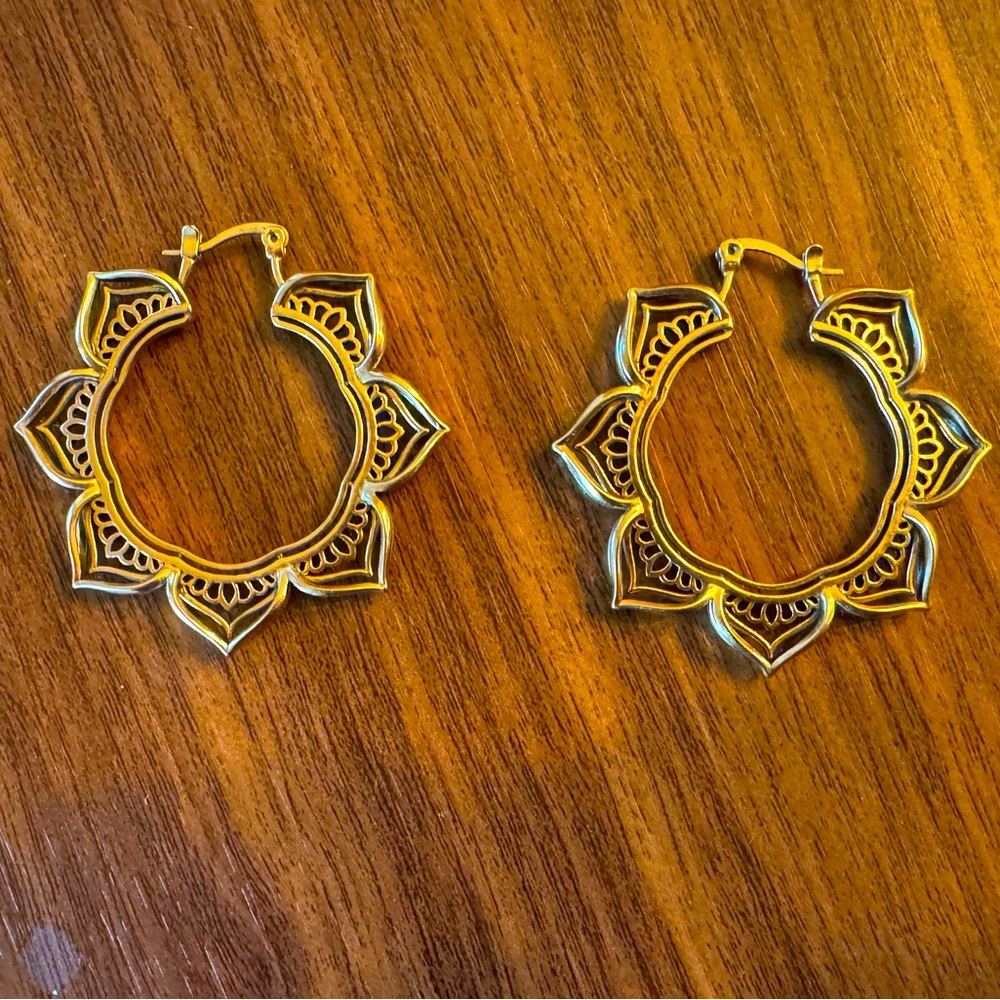 Gold lotus hoop earrings